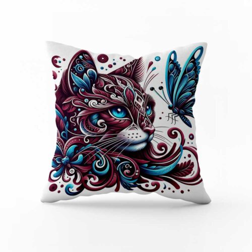 Dekorační polštář Kočka a motýl: Přírodní elegance