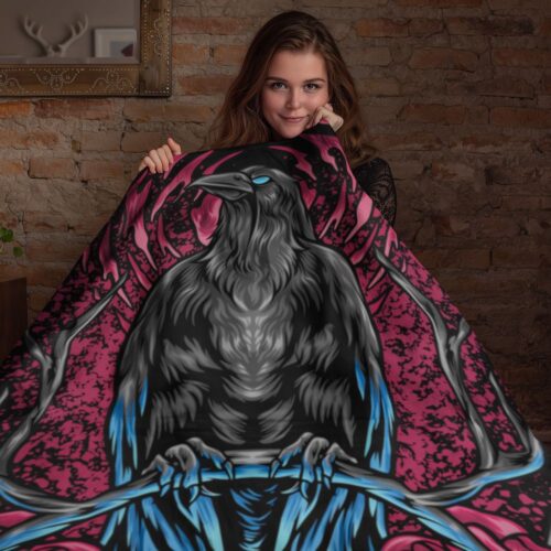 Deka Crow in Hell - Hřejivý fleece, temný symbol vrány a ohně